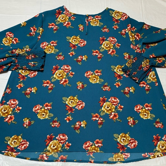 Baea Los Angeles Top Women’s 1X Teal Floral Long Sleeve Shirred Cuffs Flowercore - Picture 12 of 15